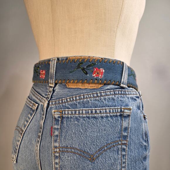 Vintage Accessories - Vintage Denim Leather Belt Whipstitch Floral Embroidered Wide Belt Boho 30